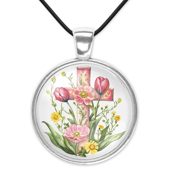 None Jewelry - Floral Cross Pendant Necklace 1 Inch